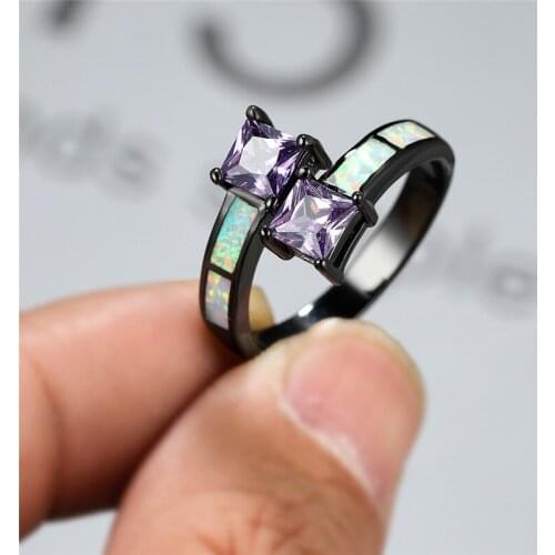 Purple Crystal Square Small Stone Ring White Fire Opal Engagement Ring Vintage Black Gold Wedding Rings For Women Party Jewelry