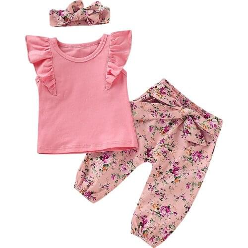 3Pcs Toddler Baby Kids Girl Ruffle Sleeveless T-shirt Tops Floral Pants Headband Clothes Summer Outfits Set