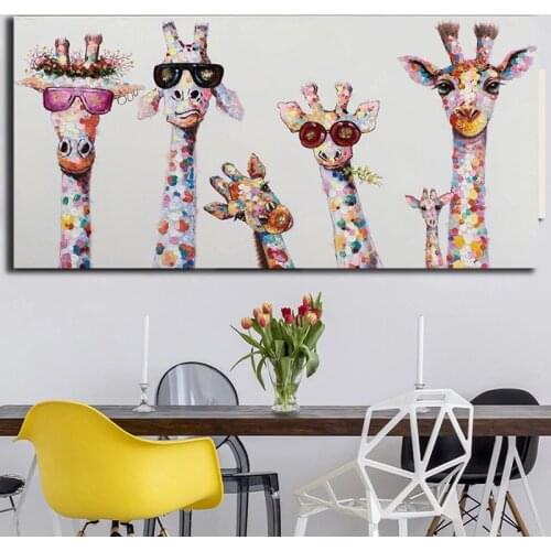 Colorful giraffe animal family canvas painting for kids wall art pictures and posters, frameless paintings for home decoration