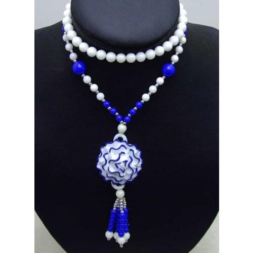 Qingmos Fashion 40mm Blue Ceramics Flower Pendant Necklace for Women Tridacna White Shell Giant Clam Long Necklace 26" Sweater