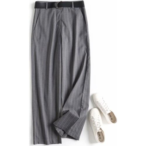 Dave&Di England Style Fashion Simple Office Lady Striped Casual Pants Women Belt Pantalones Mujer Pantalon Femme Trousers Women