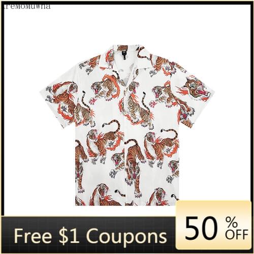 New Street Ruffian Handsome Trendy Harajuku Personality Tiger Full-print Pointed Collar Loose-breasted Short-sleeved Shirts Men
