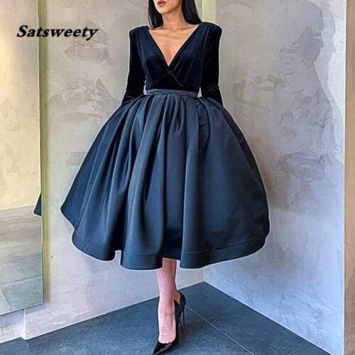 New Arrival Navy Blue evening dress short V Neck Long sleeve evening dresses Velvet Satin abiye party dress avondjurk