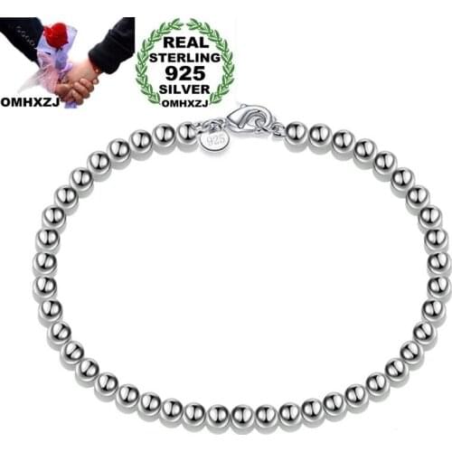OMHXZJ Wholesale Personality Fashion OL Woman Girl Party Gift Silver 6mm Solid Beads Chain 925 Sterling Silver Bracelet BR06