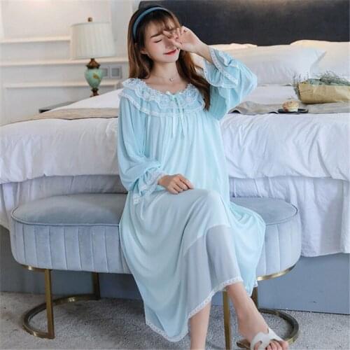Vintage night dress ladies elegant nightgown palace style new modal loose casual long-sleeve sweet sleep dress sexy nightwear