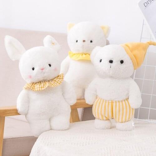 Kawaii White Bear Plush Dolls Cartoon Animal Plush Toys Cute Bib Rabbit Pillow Baby Sleep Soothing Toy Room Decor Gift for Girls