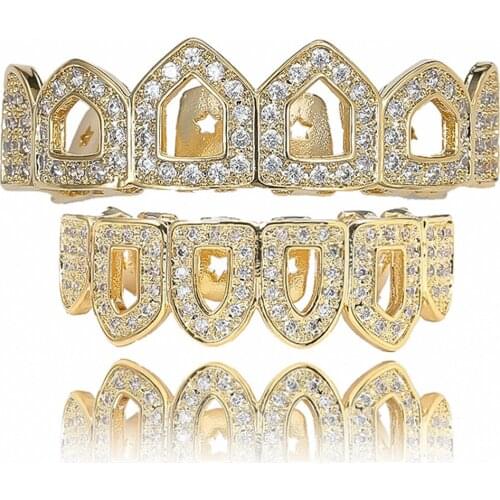 Hip Hop Gold Color Plated Hollow Out Grillz Teeth CZ Stone Micro Pave Exclusive Luxuries Set Body Jewelry Grillz Dental Grills