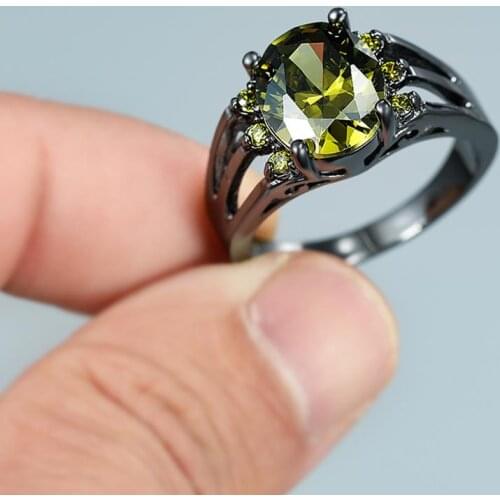 Luxury Female Olive Green Zircon Stone Ring Vintage 14KT Black Gold Wedding Rings Men Women Promise Love Oval Engagement Ring