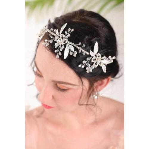 Silver Flower Rhinestones Bridal Crown Wedding Hair Accessories set Hair band and earrings make up party for women