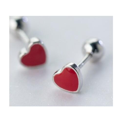 MloveAcc Red Heart Stud Earrings Real 925 Sterling Silver With Smooth Ball Ear Accessories Jewelry
