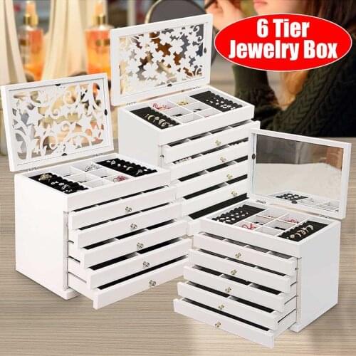 6 Tier Wooden Jewelry Box Hollow/Mirror Jewelry Display Box Ring Storage Box Multi-Purpose Gift Box Vintage Storage Cabinet Top