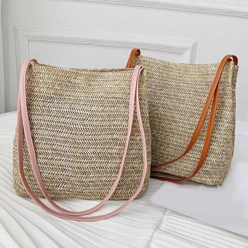 Popular Large Basket Handbag Straw Weave Women Straw Woven Bag 100% Natural Shoulder Bags Casual Tote Fashion