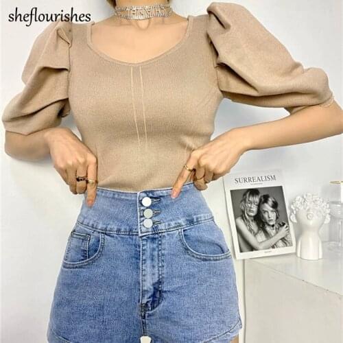 Knit sweater women 2021 vintage puff sleeve sweater summer korean pullover elegant u neck top black cropped sweater khaki green