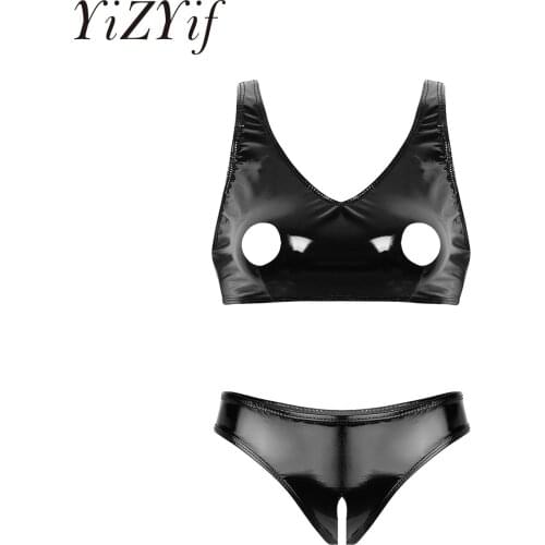 Womens Sexy Patent Leather Nightwear Erotic Latex Slutty Lingerie Set Open Nipples Bra+Open Crotch Briefs Club Stripper Clothes