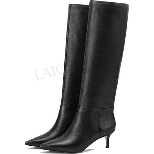 LAIGZEM Top Quality Women Knee High Boots 2021 LEATHER/ Suede Side Zip Kitten Heels Winter Boots Shoes Botines Mujer Size 34 42