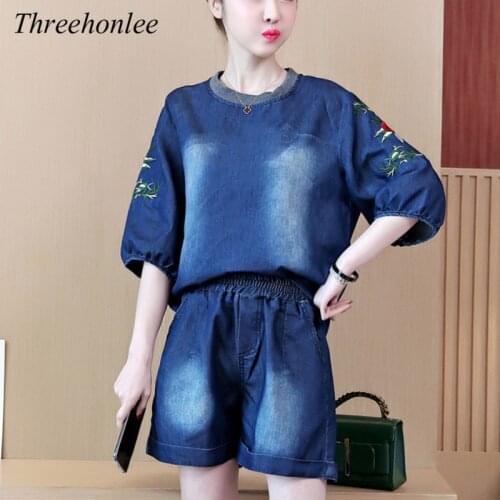 Womens Denim Embroidery Suit Summer New Round Neck 2 Piece Set Women Elastic Mid Waist Plus Size Loose Womens Two Piece Set