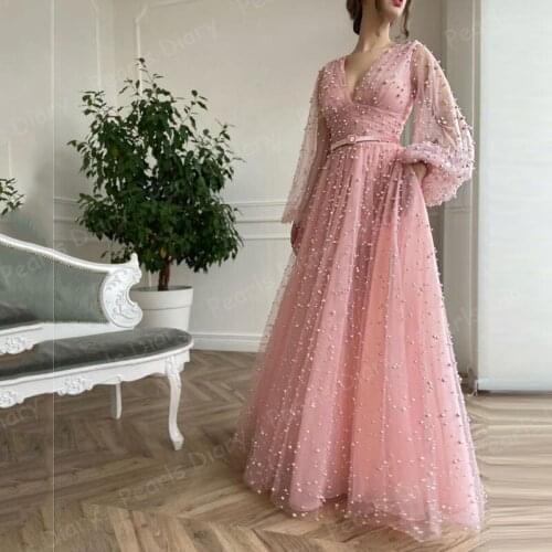 Saudi Arabia Pink Full Pearls Evening Dress With Jackets Luxury Dubai Wedding Party Gowns Elegant Women Formal Prom Dresses 2021