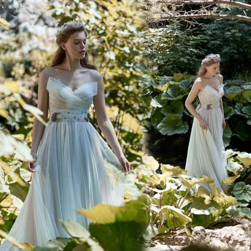 2021 Strapless A Line Tulle Bridal Gowns Beaded Belt Islamic Dubai Kaftan Saudi Arabic Lace Wedding Dresses