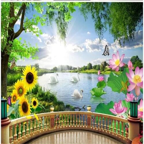 3d landscape wallpaper Beautiful natural scenery swan lake wallpapers modern 3D stereo balcony background wall