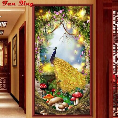 Cross Stitch Diamond Embroidery,Animal Peafowls Mushroom Elf Patterns Full DIY 5D Diamond Painting Rhinestones Mosaic Decoration