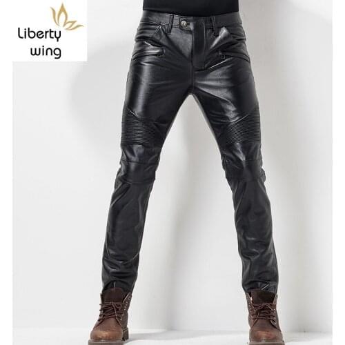 European Autumn Winter Slim Mens Full Length Cowhide Windproof Thick Moto Biker Pleated Genuine Leather Male Pencil Pants