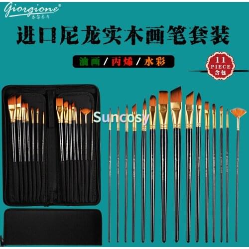 Giorgione Oil Brush Set,15pc/set ,Long Rod Nylon Wool Brush Water Color Painting Acrylic Brush Set with Canvas Bag Art Brushes