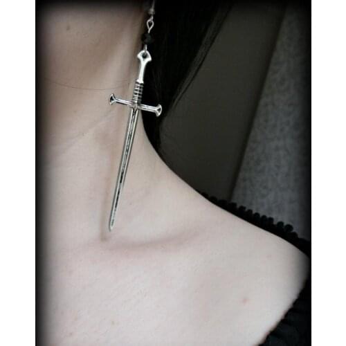 Gothic antique silver sword and glass crystal earrings