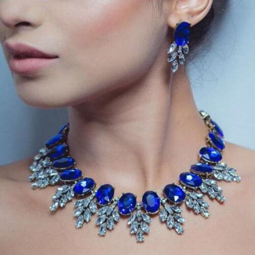 Indian Statement Choker Necklace Jewelry Set Women Fashion Blue Crystal Necklace Earrings Sets Female Large Collar Necklace 2020