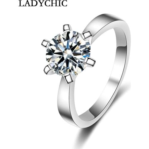 LADYCHIC Brand Eternal Love Classic Wedding Solitaire Rings Silver Color 6 Prongs Round Sparkling AAA CZ Ring Jewelry LR1002