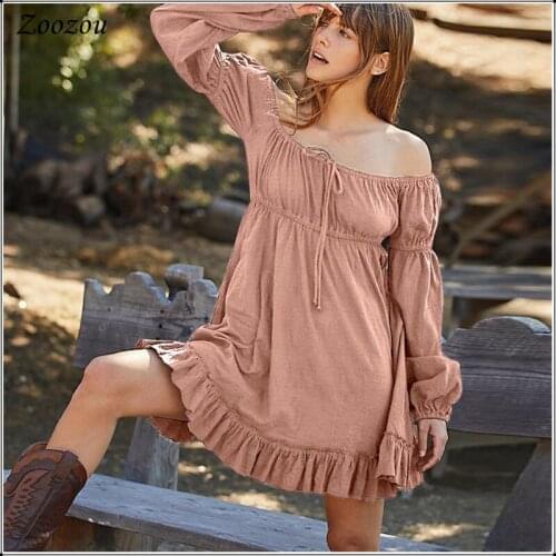 Summer Bohemia Puff Sleeve Ruffle Solid Dresses Sexy Slash Neck Off Shoulder Mini Dress Women Empire Waist Casual Dress Custom