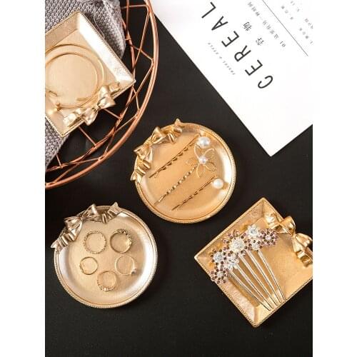 Small Bow Jewelry Dish Ring Necklace Storage Tray Trinket Dish Ring Candy Holder Bracelet Plate Square Gold