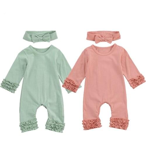 Lovely Babys Jumpsuit Solid Color Long Sleeve Round Neck Pleated Lace Sleeves Romper with Bow Hairband for Spring and Autumn