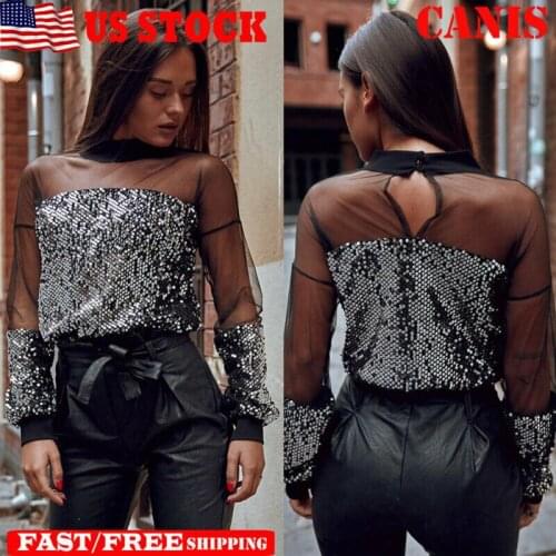 Fashion Sexy Women Gauze See Through Crop Top Long Sleeve Bottoming Shirt Hot Sequin Sparkly Glitter Tops Party Clubwear T-shirt