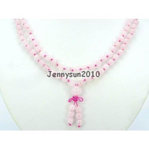 Natural Rose Qua-rtz 6mm Gems Stone Buddhist 108 Beads Prayer Mala Knot Necklace Multi-Purpose 5Strands/Pack