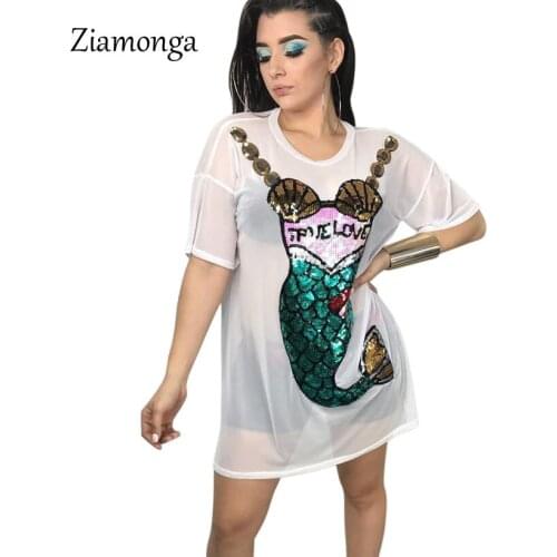 Ziamonga Boho True Love Stretch Mermaid Mesh Dress Summer Sexy See Through Short Sleeve Sequin T Shirt Beach Dress Sexy Clubwear