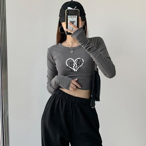 Broken Heart T Shirt Summer Harajuku Letter Shirts Female Pullover Cotton Aesthetic Tees Simple Clothes Long Sleeve Crop Tops