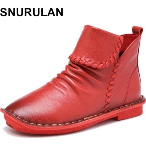 SNURULAN 2017 Fashion Handmade Genuine Leather Boots For Manual suture Women Ankle Shoes Vintage Mom Shoes Retro Style botas