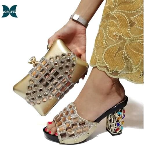 New Autumn Fashion Italian design Shoes With Matching Clutch Bag Hot African Big Wedding With High Heel in Gold Color for Party