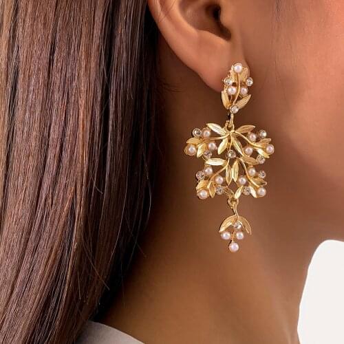 SHIXIN Vintage Hollow Leaves Crystal/Pearl Drop Earrings for Women Fashion Rhinestone Earrings Wedding Jewelry Accessories 2021