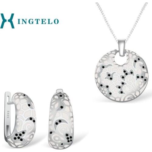 XINGTELO Black Spinel Jewelry Set for Women 925 Sterling Silver Stud Earrings Round Pendant and Chain