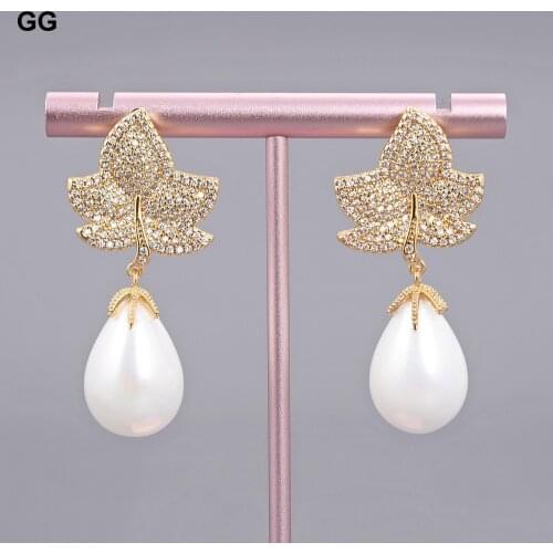 GuaiGuai Jewelry 1.7'' White Sea Shell Pearl Golden Plated Cz Micro Pave Drop Earrings