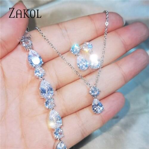 ZAKOL 3pcs Elegant Round Teardrop AAA Cubic Zirconia Necklace Earrings Bracelet Set for Women CZ Bridal Wedding Jewelry SP3394