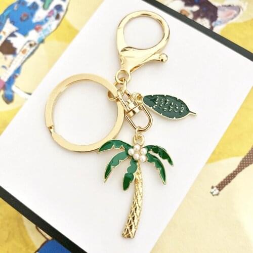 Pearl Coconut Palm Leaves Key Rings Summer Beach Plant Pendant Alloy Women Key Chains Gift For Friends 1PCS