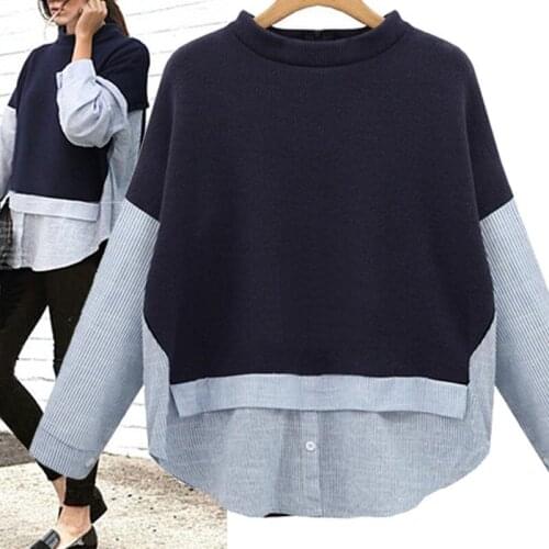 Women top tee big size casual patchwork t-shirt for girl long sleeve o-neck striped loose tshirt female 4XL zipper slim top