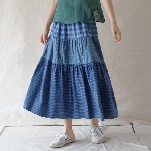 Johnature Women Vintage Handmade Fabric Patchwork Skirt Elastic Waist Plaid Loose Casual Clothing 2021 Autumn New Make Old Skirt