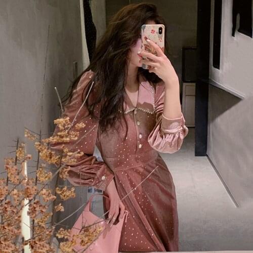 Female Sequined Peter Pan Collar Pleated Dresses Ladies Casual Button Solid Long Dress 2021 Women Autumn Winter Elegant Dress