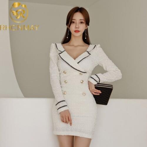 2020 Spring and Autumn Korean version Womens Slim Dress Temperament Tailored collar Long sleeves Package hip dress