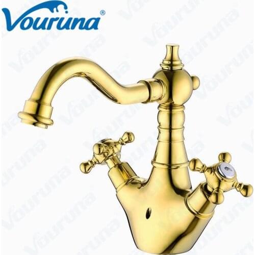 2018 Wholesale New Arrival Luxury Solid Brass Golden Bathroom Faucet Dual Handles Wash Basin Mixer Tap