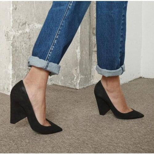 2018 Hot Black Faux Suede Leather Women Pointy Toe Pumps Slip On Ladies Unique High Heel Dress Shoes Sexy Club Party Shoes