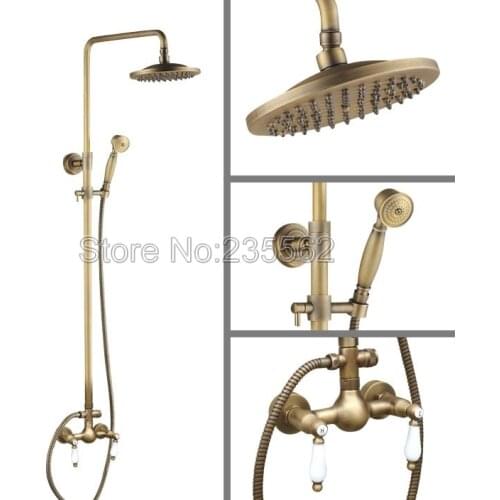 8 inch Round Shower Head Antique Brass Bathroom Rain Shower Faucet Set Wall Mounted Mixer Tpa lan113